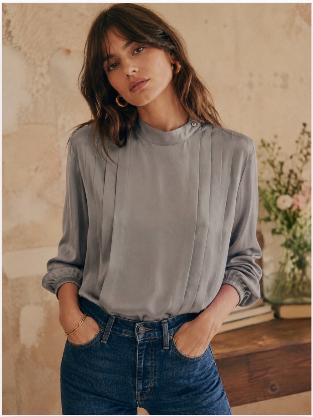 “French Girl” 100% Silk Passé Parole Mock Neck Blouse | Vintage Minimalist